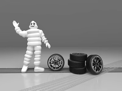 Stacked Black Tires With Waving Inflatable Figure In Display Scene 3d model