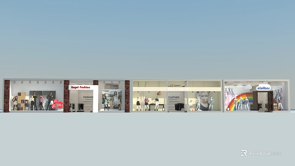 Shop Fashion Store Windows with Mannequins Ladies Clothing Displays and Rainbow Decor 3d model 
