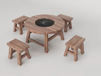 Wooden Tea Table And Chairs Set With Round Top And Four Matching Stools 3d model