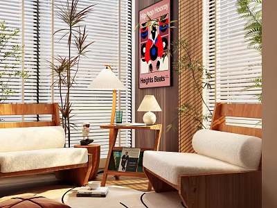 Casual Sofa Set with Wooden Frame Beige Cushions Potted Plants Lamp Artwork Window Blinds in Cozy Living Room 3d model