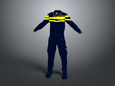 Navy Blue Work Coverall with Yellow Stripes on Sleeves and Chest Simple Design for Workplace 3d model