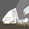 Modern Living Dining Area With Sloped Ceiling Large Windows Hanging Lights White Sofa Dining Table