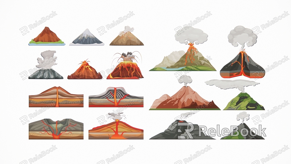 Modern 2D Volcanic Eruption Smoky Magma Scene Silhouette model