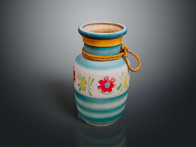 Blue And White Striped Decorative Vase With Floral Design Yellow Rim And Rope Detail 3d model