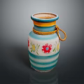 Blue And White Striped Decorative Vase With Floral Design Yellow Rim And Rope Detail