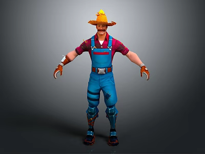 3D Detailed Game Movie Character With Straw Hat Red Shirt Blue Overalls And Gloves 3d model