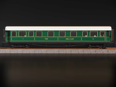 Classic Green And White Train Carriage With Multiple Windows On Rail Tracks 3d model