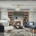 Elegant Living Room Interior With Ornate Chandelier White Piano Blue Sofa Fireplace And Built-in Bookshelves