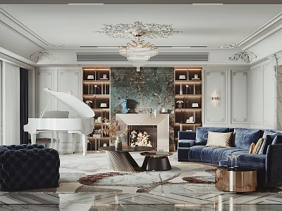 Elegant Living Room Interior With Ornate Chandelier White Piano Blue Sofa Fireplace And Built-in Bookshelves 3d model
