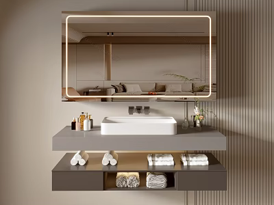 Modern Bathroom Vanity Cabinet With LED Mirror Countertop Sink And Towel Storage Drawers 3d model