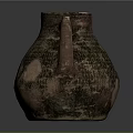 Ancient Ceramic Jar With Textured Surface Purple Brown Green Patterns And Handle