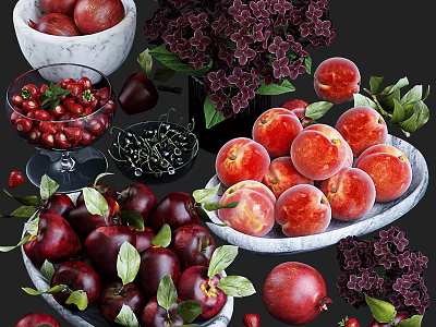 Fresh Ripe Red Apples Cherries Peaches And Pomegranate With Purple Flowers And Fresh Leaves 3d model