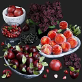 Fresh Ripe Red Apples Cherries Peaches And Pomegranate With Purple Flowers And Fresh Leaves