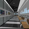 School Corridor Featuring Children's Artworks Slogan Glass Windows Black White Floor And Wooden Benches