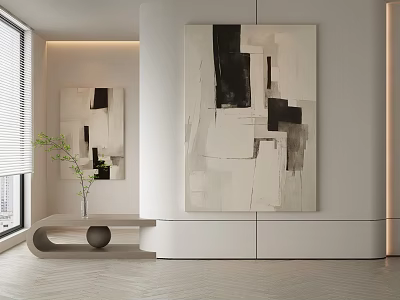 Modern Interior Space With Abstract Paintings Console Table Green Plant And Large Window 3d model