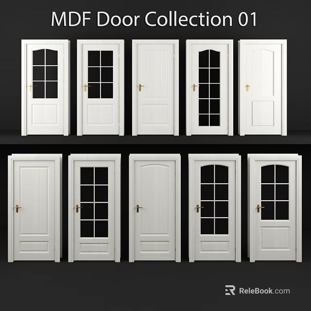 White Hinged Doors with Various Glass and Solid Panel Designs for Home Interior 3d model 