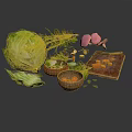 Fresh Food Ingredients Cabbage Carrots Green Vegetables With Wooden Bowls Cutting Board And Knife