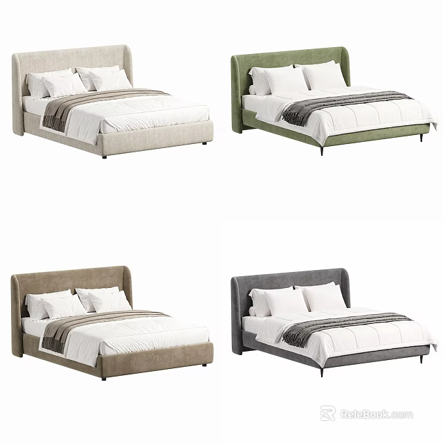 Simple Modern Double Bed with Upholstered Headboard Striped Bedding Various Colors 3d model