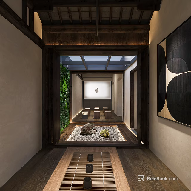 Japanese Religious Faith Courtyard With Wooden Doorway Stone Paved Ground Shrine Symbol Plants And Benches 3d model 