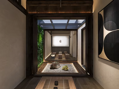 Japanese Religious Faith Courtyard With Wooden Doorway Stone Paved Ground Shrine Symbol Plants And Benches 3d model