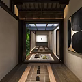Japanese Religious Faith Courtyard With Wooden Doorway Stone Paved Ground Shrine Symbol Plants And Benches