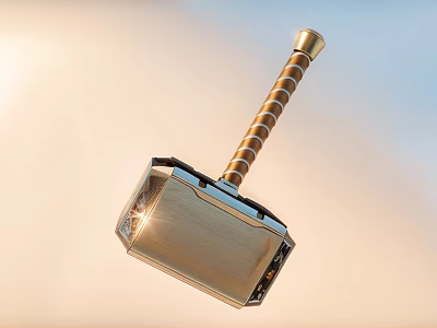 Golden Metallic Thor's Hammer Decorative Ornament With Striped Handle And Shiny Light Effect 3d model