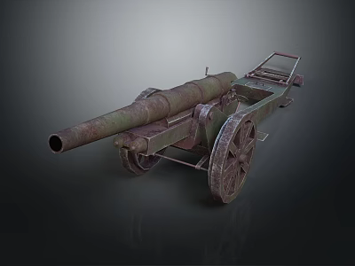 Old Rusted Military Cannon With Wooden Wheels And Metal Barrel 3d model