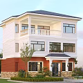 Two Story Detached Villa Exterior Featuring White Walls Black Roof Balcony And Stone Base