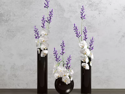 Decorative Ornament Set With Black Vases Purple Lavender And White Orchids 3d model
