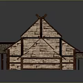 Cartoon Scenery Traditional Thatched Roof House With Wooden Frames And Multiple Roofs