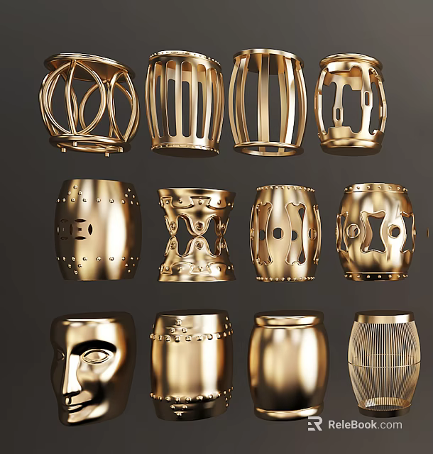 Golden Decorative Stools With Various Intricate Modern Designs For Contemporary Home Interiors 3d model 