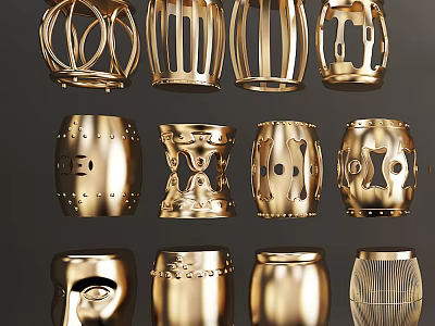 Golden Decorative Stools With Various Intricate Modern Designs For Contemporary Home Interiors 3d model