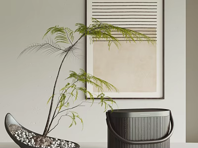 Modern Decorative Ornament Set With Fern Plant Black Ribbed Container Wall Art And Curved Vessel 3d model