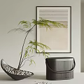Modern Decorative Ornament Set With Fern Plant Black Ribbed Container Wall Art And Curved Vessel