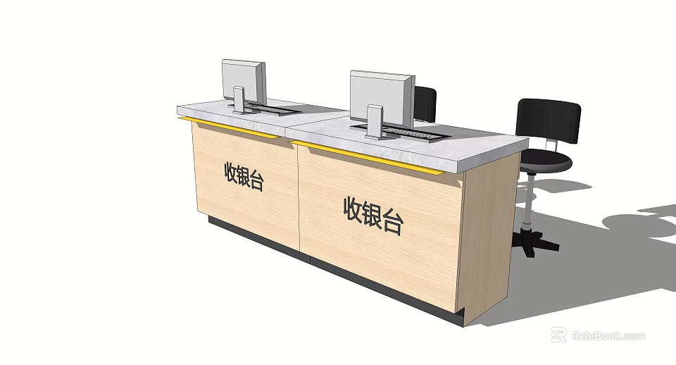 Modern Wooden Reception Desk With Computer Monitors And Black Office Chairs 3d model 
