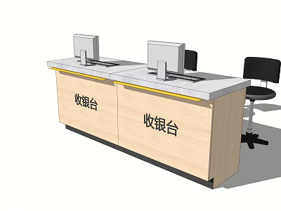 Modern Wooden Reception Desk With Computer Monitors And Black Office Chairs 3d model