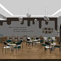 Preschool Classroom with Bright Tables Chairs Bookshelves Pendant Lights and Wooden Floor