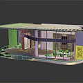 Cartoon Scene of Modern Waterfront House with Glass Windows Terrace and Reflection