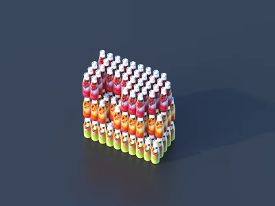Colorful White Labeled Beverage Bottles Stacked in Pyramid Shape with Red Orange Yellow Green Hues 3d model