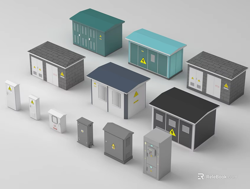 Industrial Electrical Enclosures With Various Sizes Different Colors And Safety Warning Signs 3d model 
