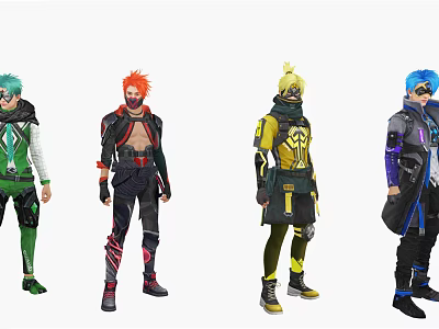 Four Unique Creature Characters In Colorful Futuristic Outfits With Stylish Hair And Armor 3d model