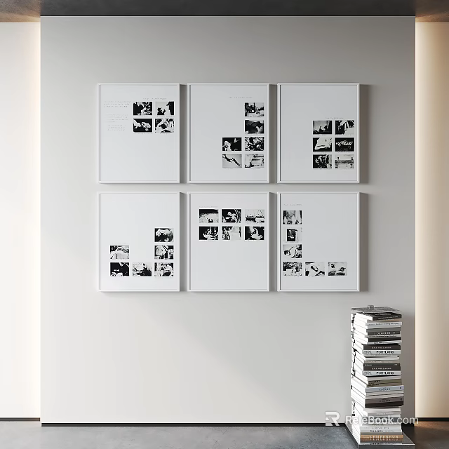 White Framed Black And White Photos Arranged On White Wall With Stacked Books 3d model 