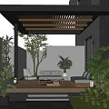 Modern Garden Landscape Design With Wooden Pergola Outdoor Furniture And Lush Green Plants