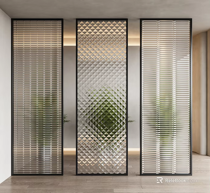 Modern Interior Room Divider With Rhombus Pattern Vertical Slats And Plants 3d model