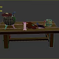 Rustic Wooden Table With Cast Iron Cauldron Wooden Spoon White Candle Oranges Knife And Barrel