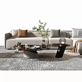 Modern Beige Sofa Coffee Table Set With Decorative Pillows And Plants On Patterned Rug 3d model