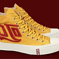 Yellow High Top Canvas Shoes With Red Logo And White Sole Design