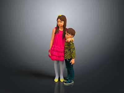 Two children snuggling girl in pink dress and boy in green top against grey background 3d model