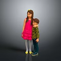 Two children snuggling girl in pink dress and boy in green top against grey background