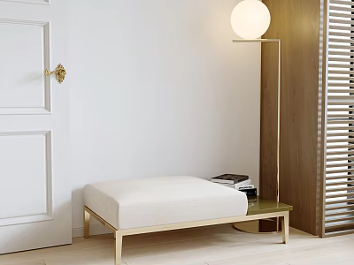 Stylish Ottoman with Cream Cushion and Golden Metal Legs by Floor Lamp and Wooden Shutters 3d model